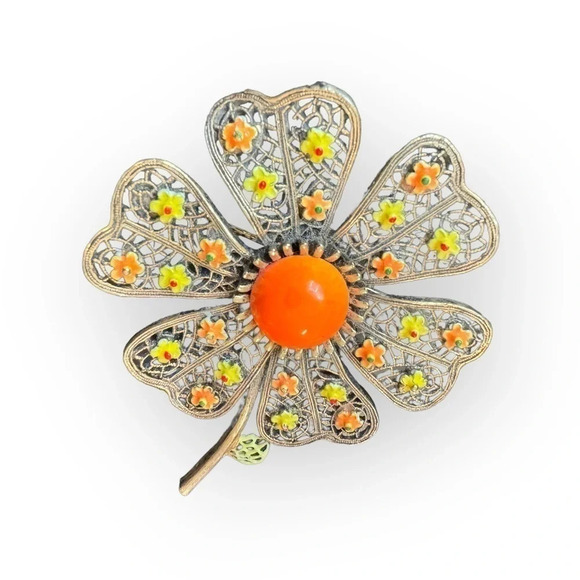 Signed ART Gold Multicolored Enamel Flower Brooch - Picture 8 of 9